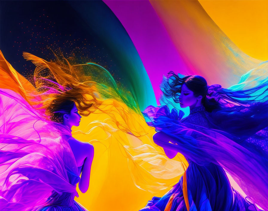 Colorful flowing dresses and dynamic hairstyles on two women against a vibrant neon background.