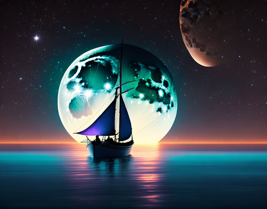 Sailboat on Tranquil Sea with Fantastical Moons and Starlit Sky