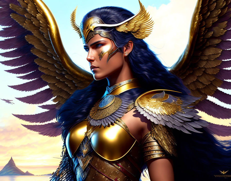 Majestic fantasy warrior with angelic wings and golden armor against sunset skyline