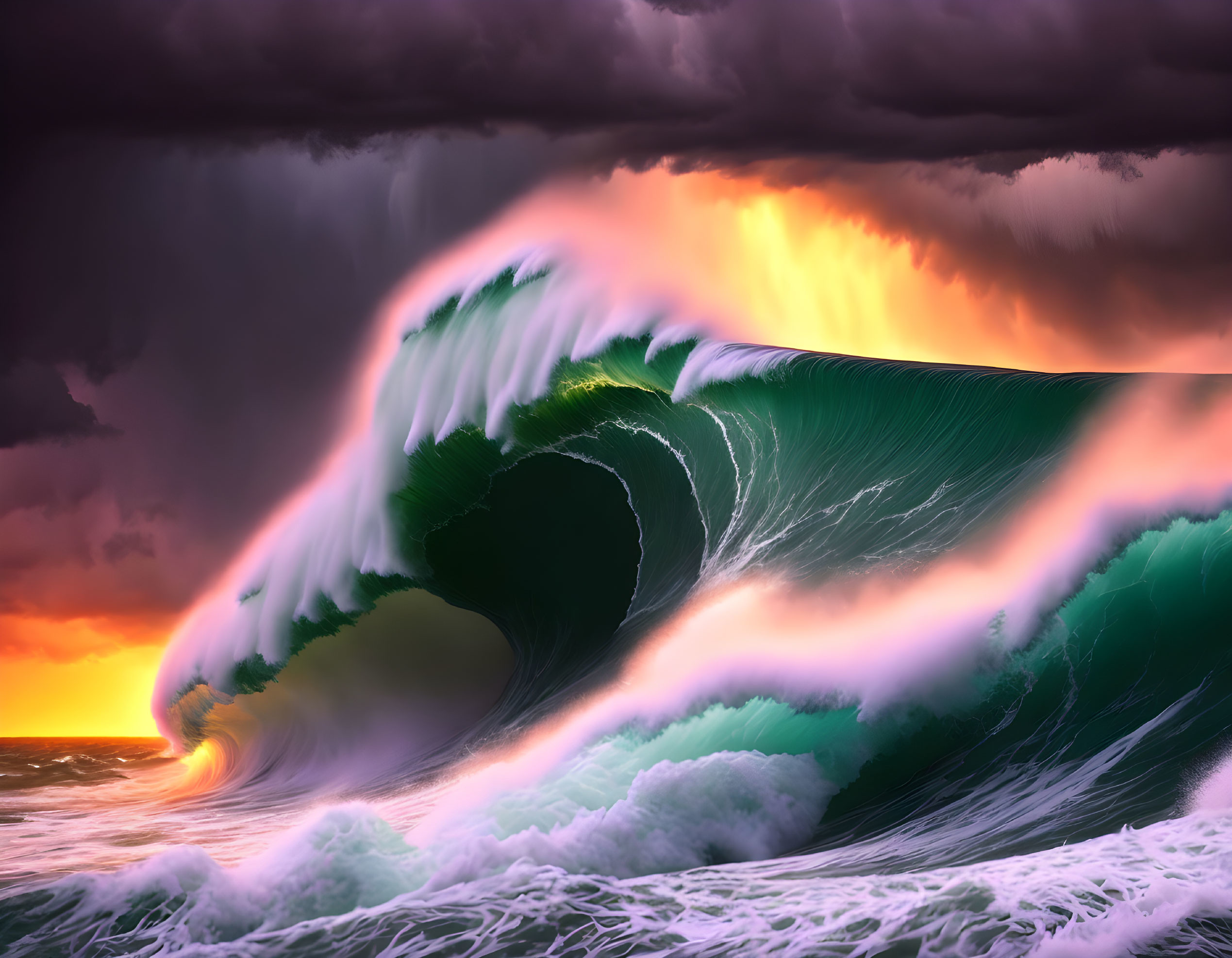 Majestic green wave against dramatic sunset sky and ocean.