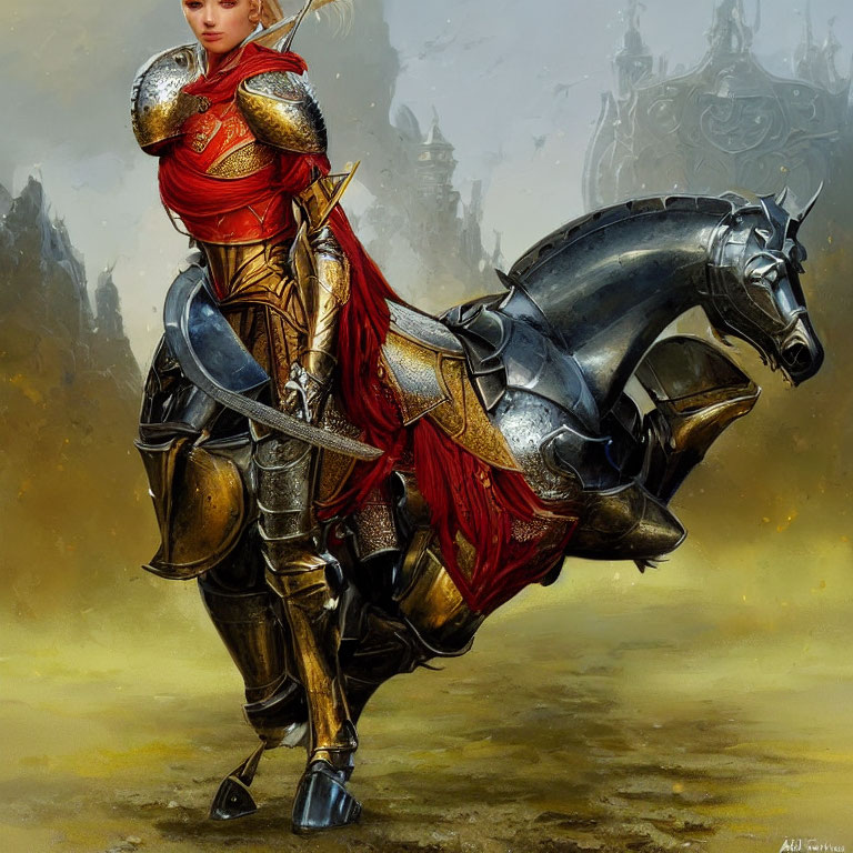 Female Knight in Red and Gold Armor Riding Black Horse in Misty Background