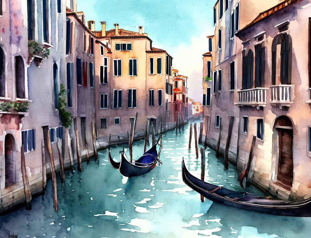 Venice Canal Watercolor Painting with Gondolas