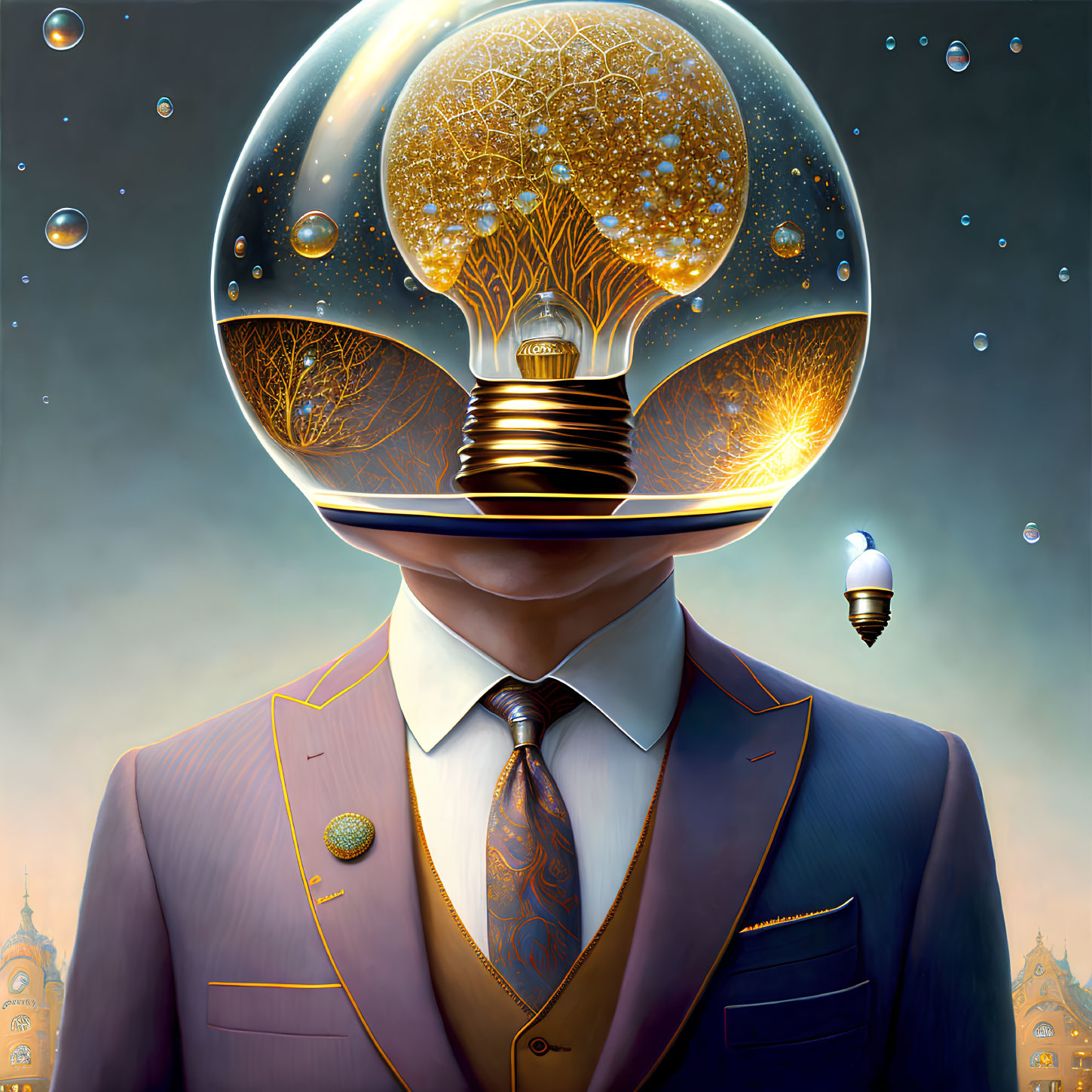 Surreal artwork: person in suit with light bulb head, tree and cityscape, bubbly