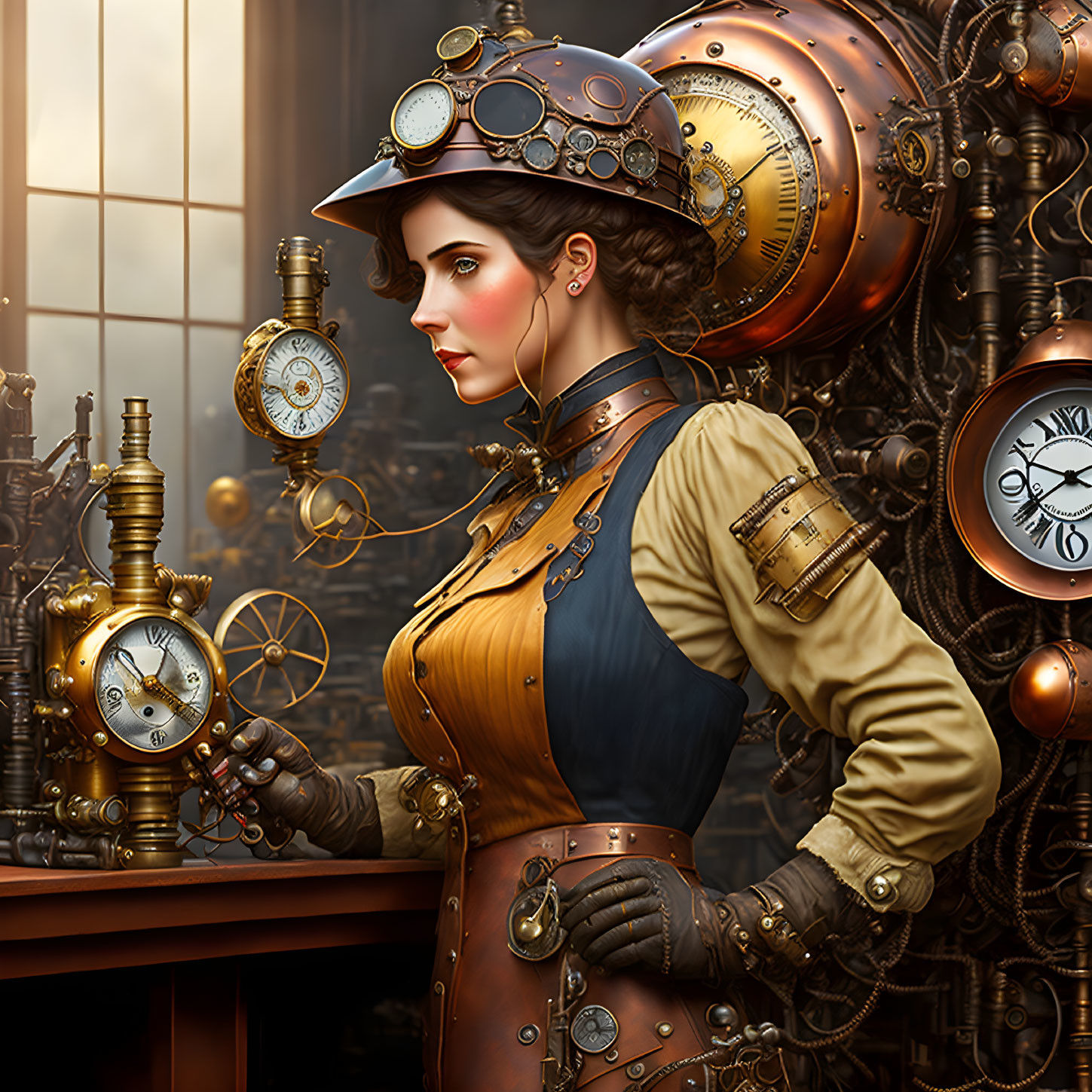 Steampunk-themed woman with goggles and helmet in vintage setting surrounded by machinery and clocks