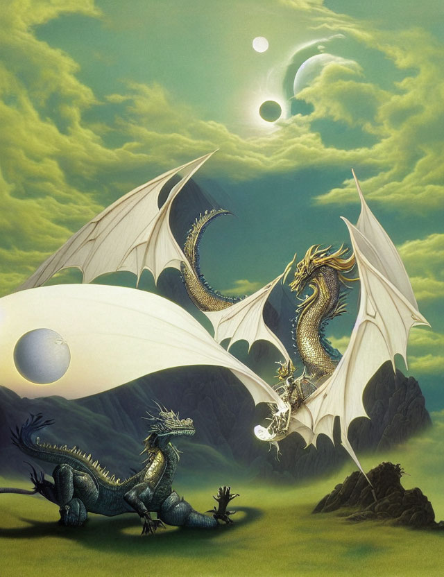 Golden dragon with large wings on rocky outcrop under green sky with moons