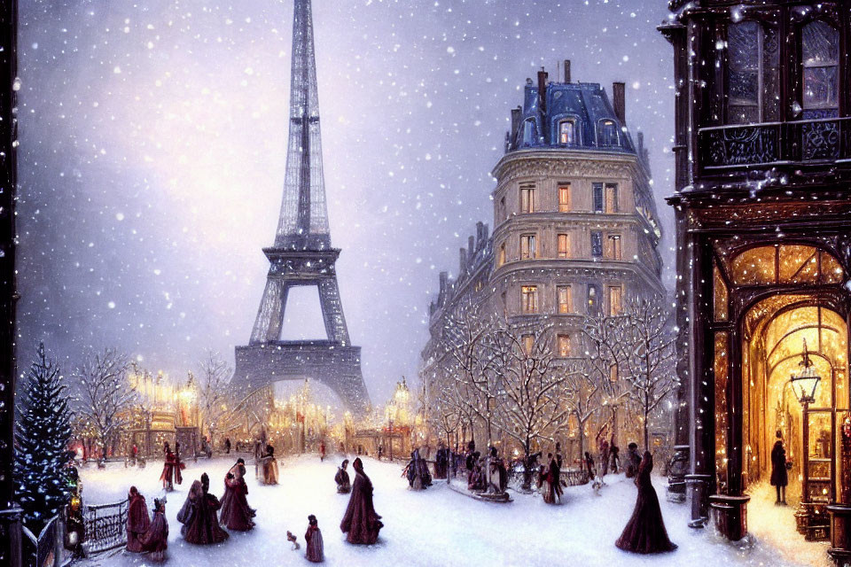 Snowy Evening in Paris: Period-Clothed Figures by Eiffel Tower