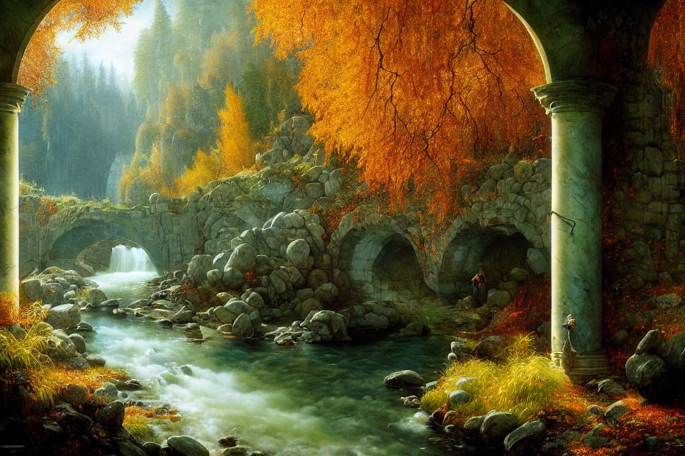 Scenic autumn landscape with river, bridges, golden trees, and ancient ruins