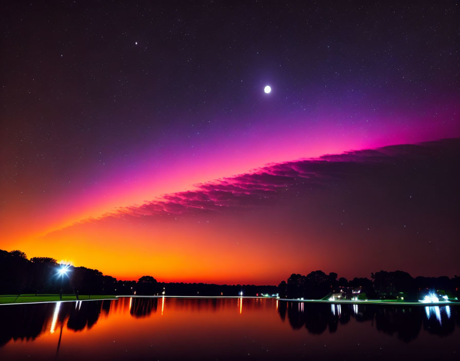 Tranquil lake under vibrant purple and orange night sky