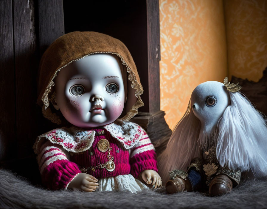 Brown Bonnet Doll and White Plush Creature with Golden Ornament Displayed Together