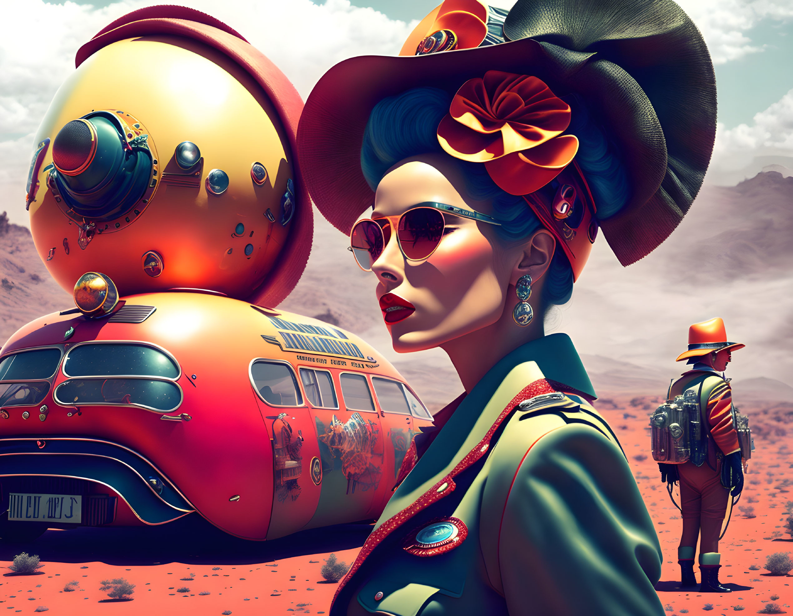 Vintage Car and Stylish Characters in Retro-Futuristic Desert Scene