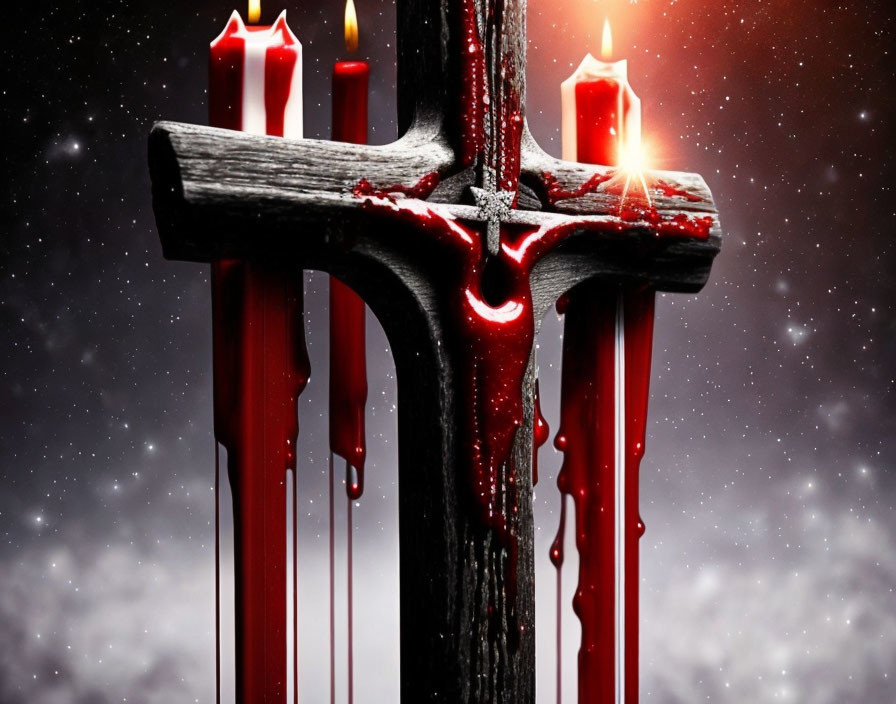 Three red candles on black cross with dripping wax against starry night sky