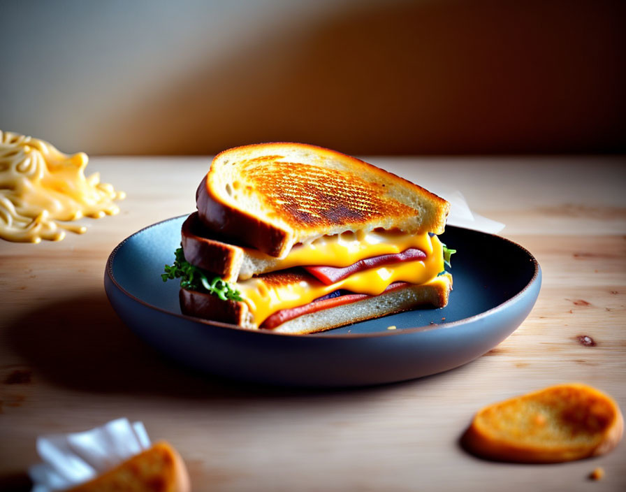 Melting cheddar grilled cheese sandwich with pasta and crackers on wooden table