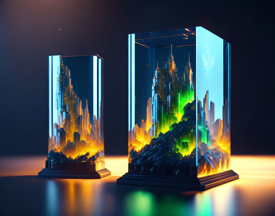 Futuristic city miniatures in illuminated glass containers with neon colors against dark background