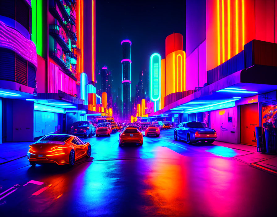 Neon-lit cityscape at night with skyscrapers and bustling streets