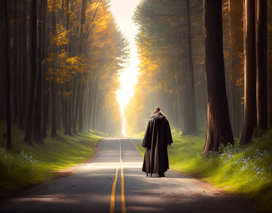 Solitary figure in cloak on sunlit tree-lined road