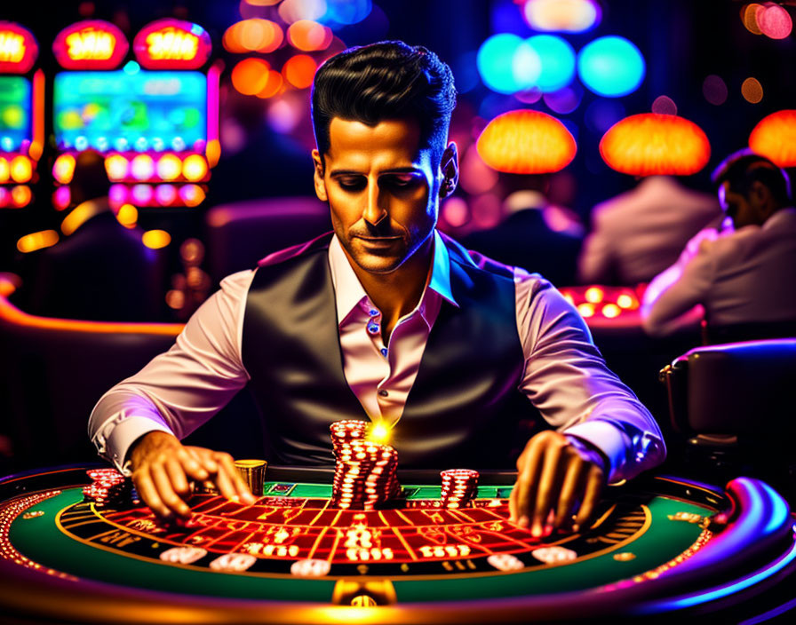 Man playing roulette at vibrant casino with colorful lights