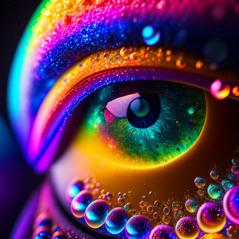 Colorful eye with vibrant rainbow eyelid and water droplet reflections