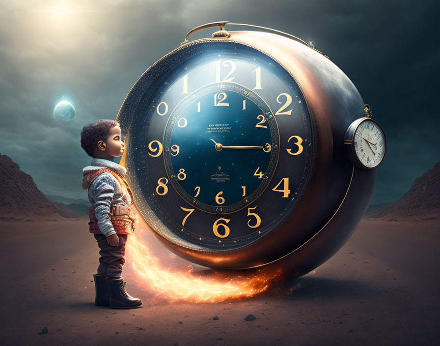 Child beside flaming pocket watch in surreal desert landscape