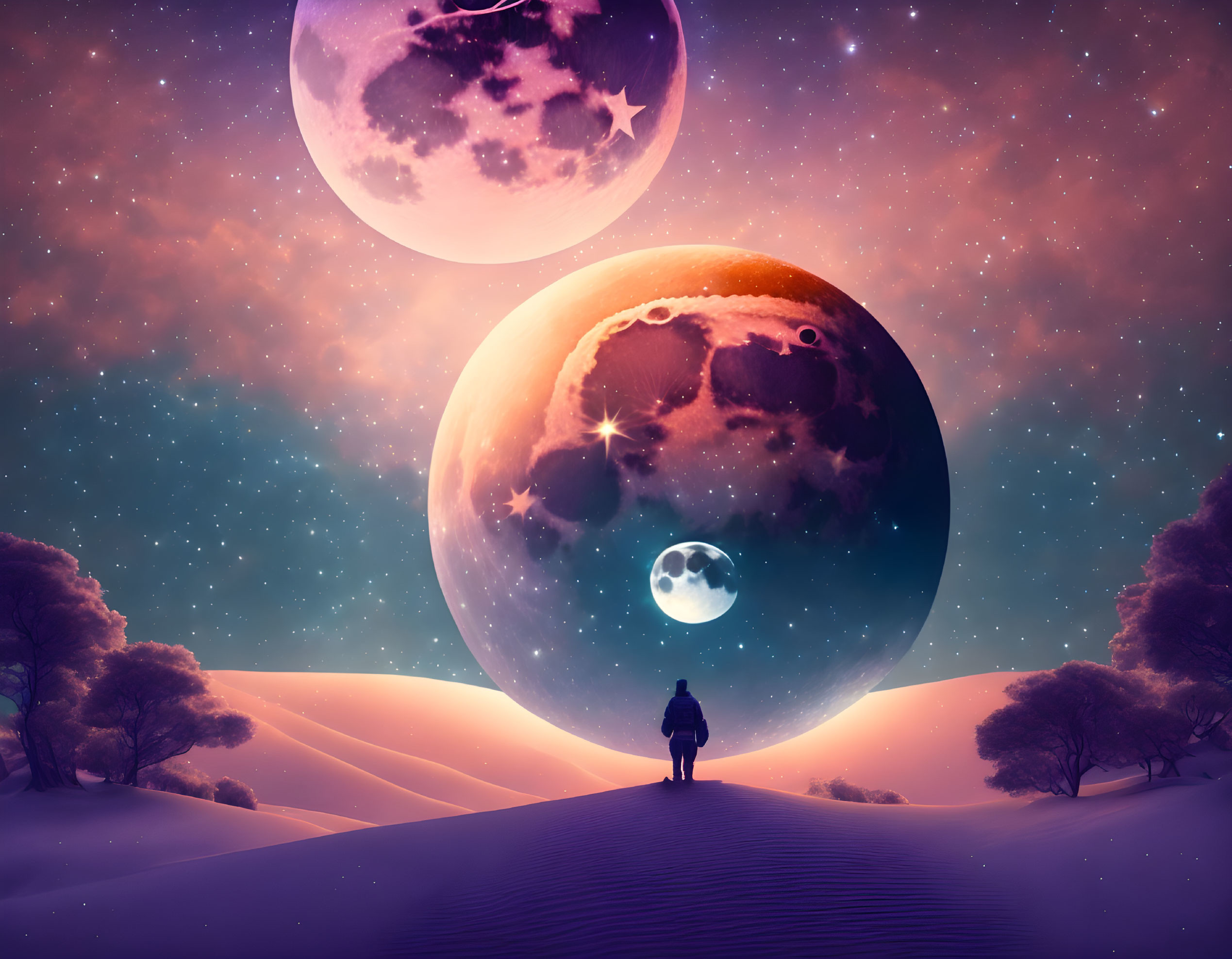 Person on Pathway Towards Surreal Landscape with Oversized Moons and Stars