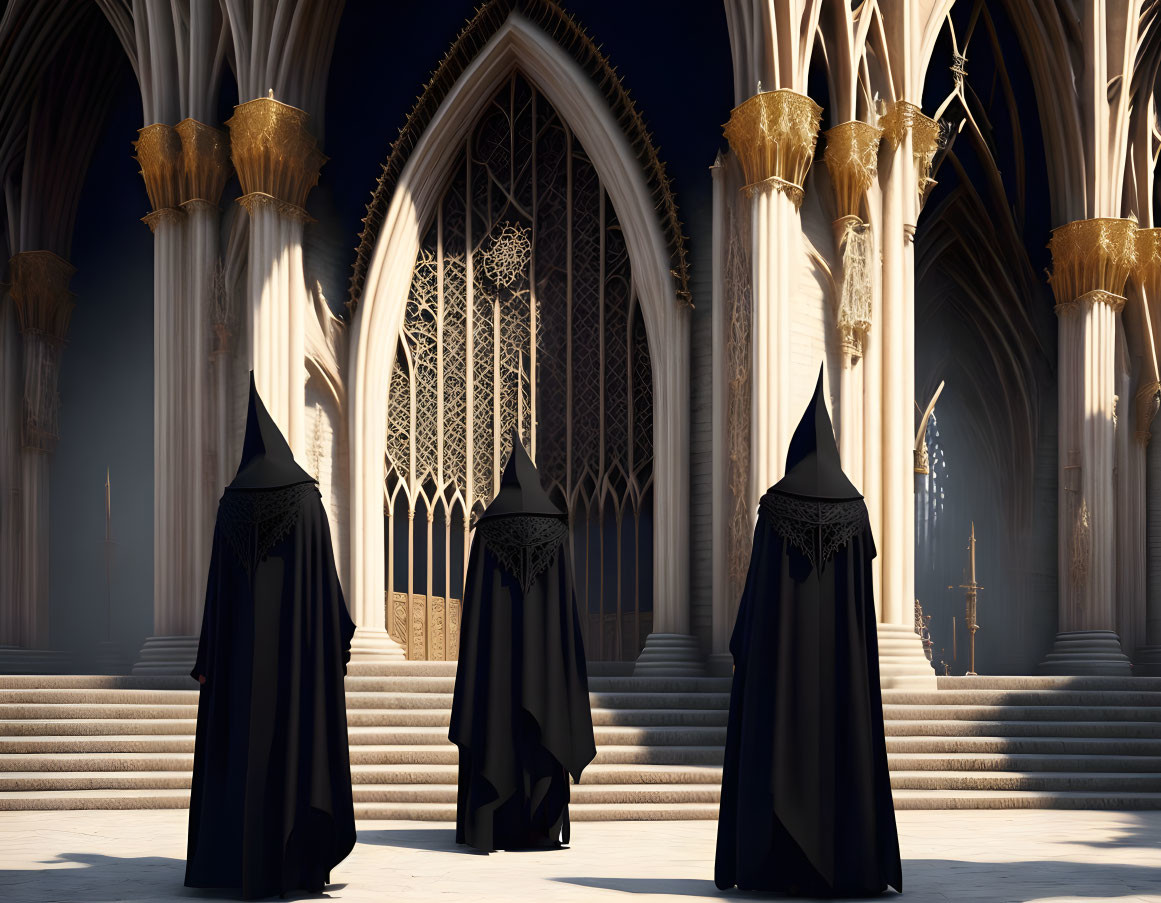 Majestic gothic cathedral with three robed figures