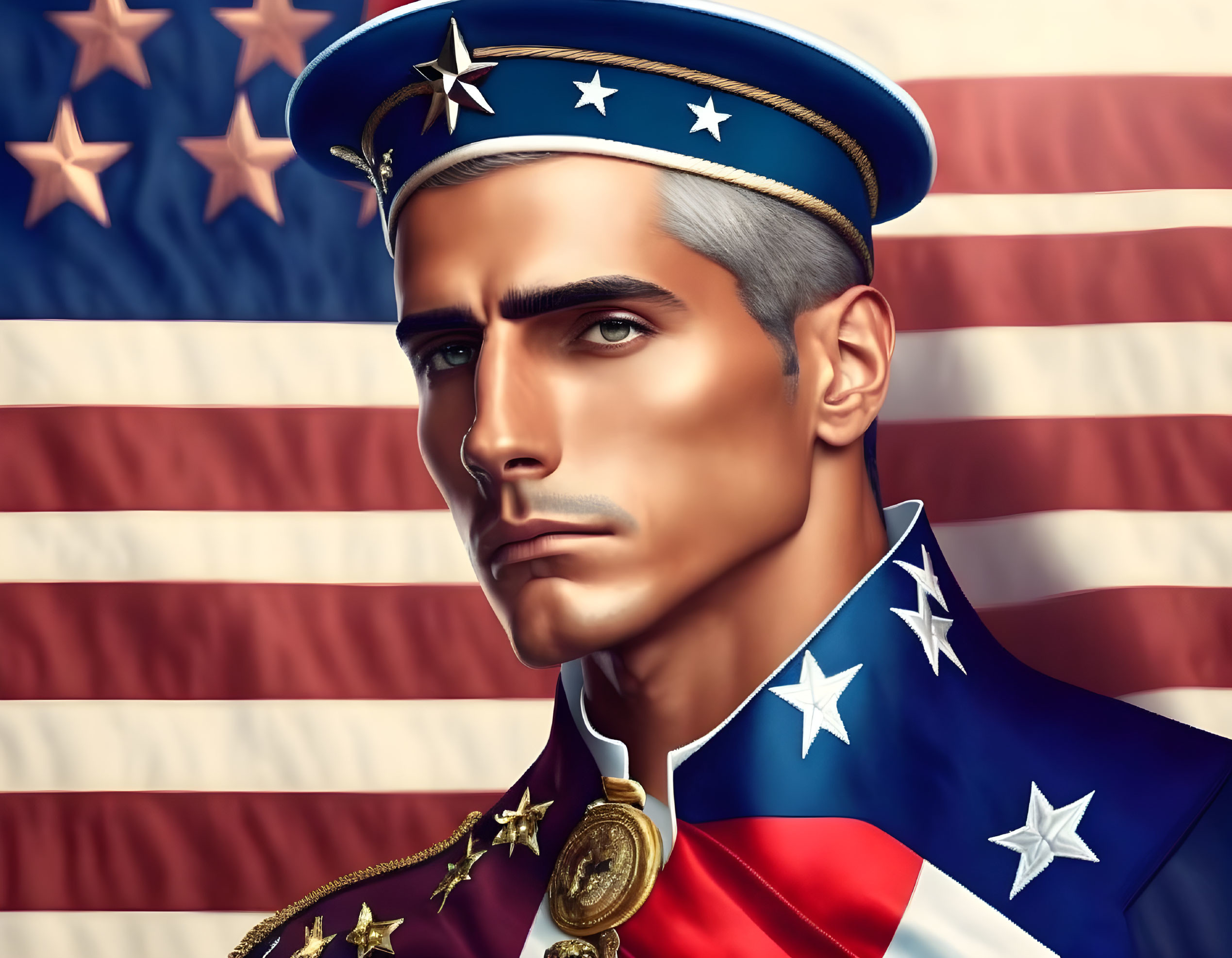 Illustration of stern man in military uniform with American flag background