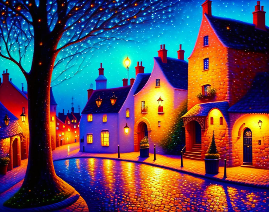 Colorful Painting: Quaint Village Street at Night with Starry Sky