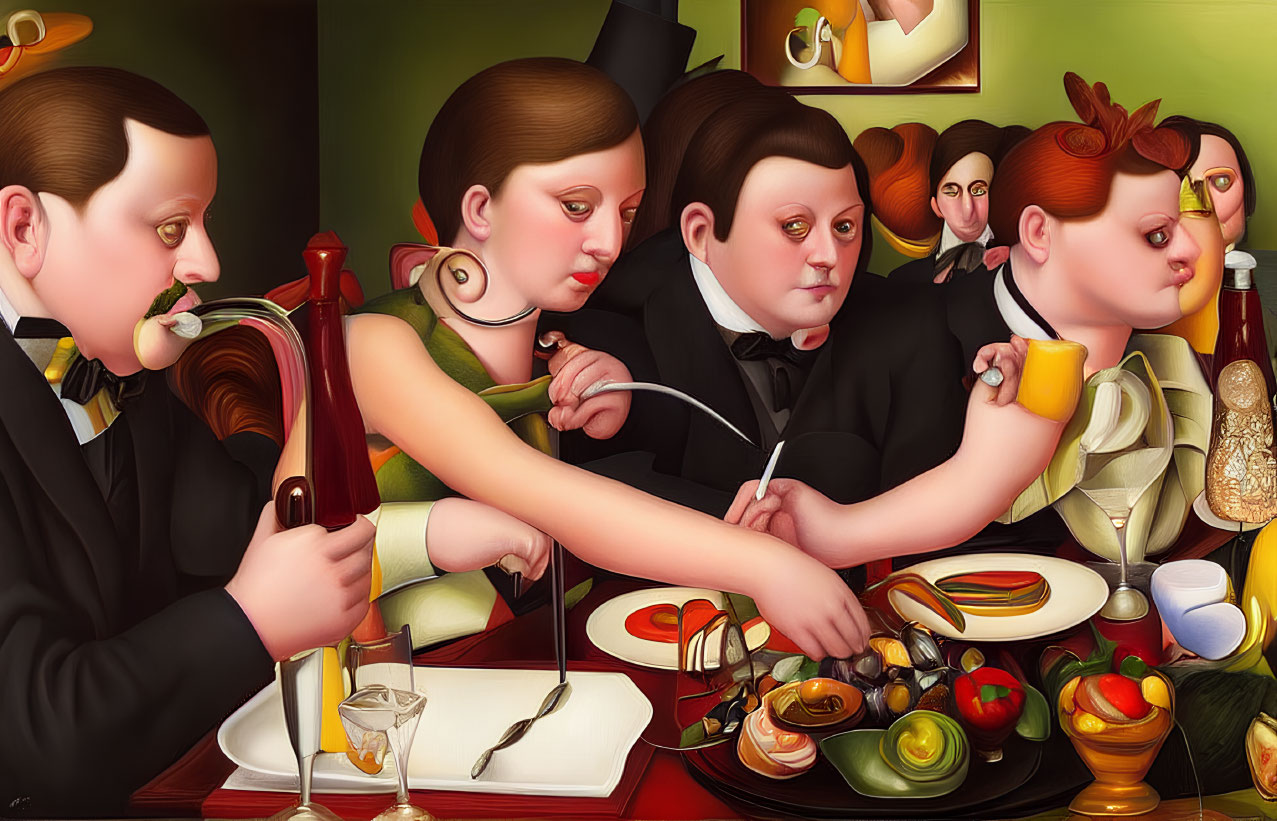 Colorful painting of four people dining with exaggerated features and vibrant colors.