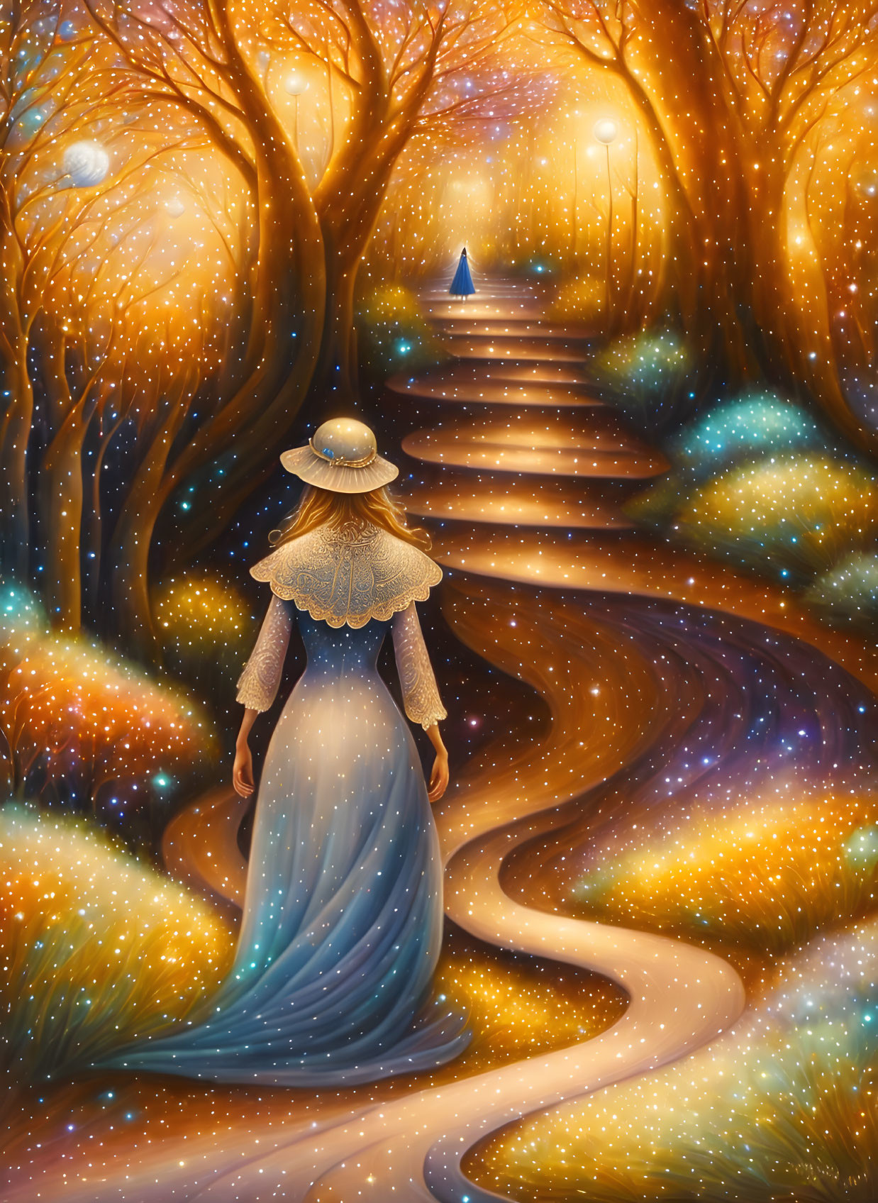 Person in vintage dress on starlit path through mystical forest