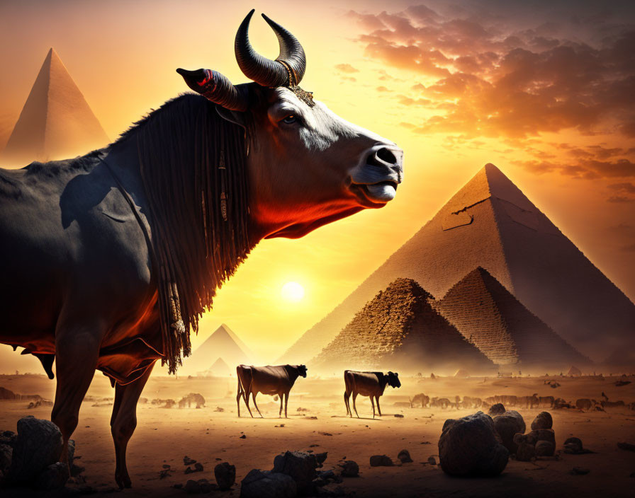 Majestic bull with pyramids in Egyptian desert at sunset