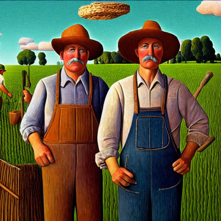 Two mustachioed farmers with pitchforks in front of field under blue sky.