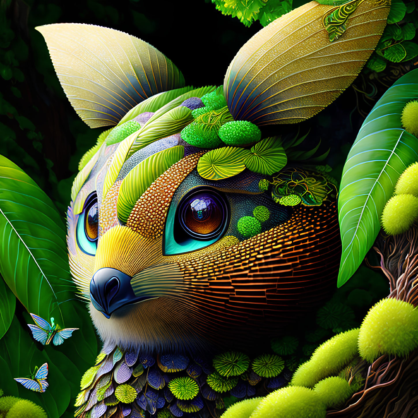 Anthropomorphic Fox Artwork with Botanical Patterns and Butterflies