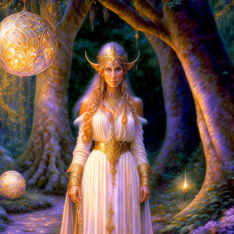 Ethereal woman with crown and jewelry in mystical forest surrounded by glowing orbs and trees