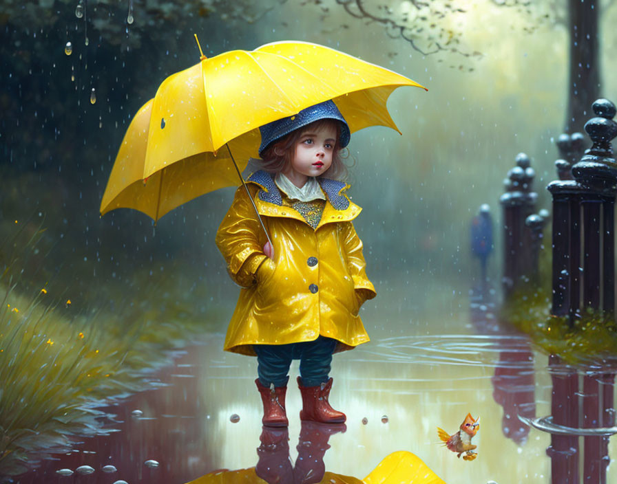 Child in Yellow Raincoat with Umbrella and Toy Boat on Rainy Day