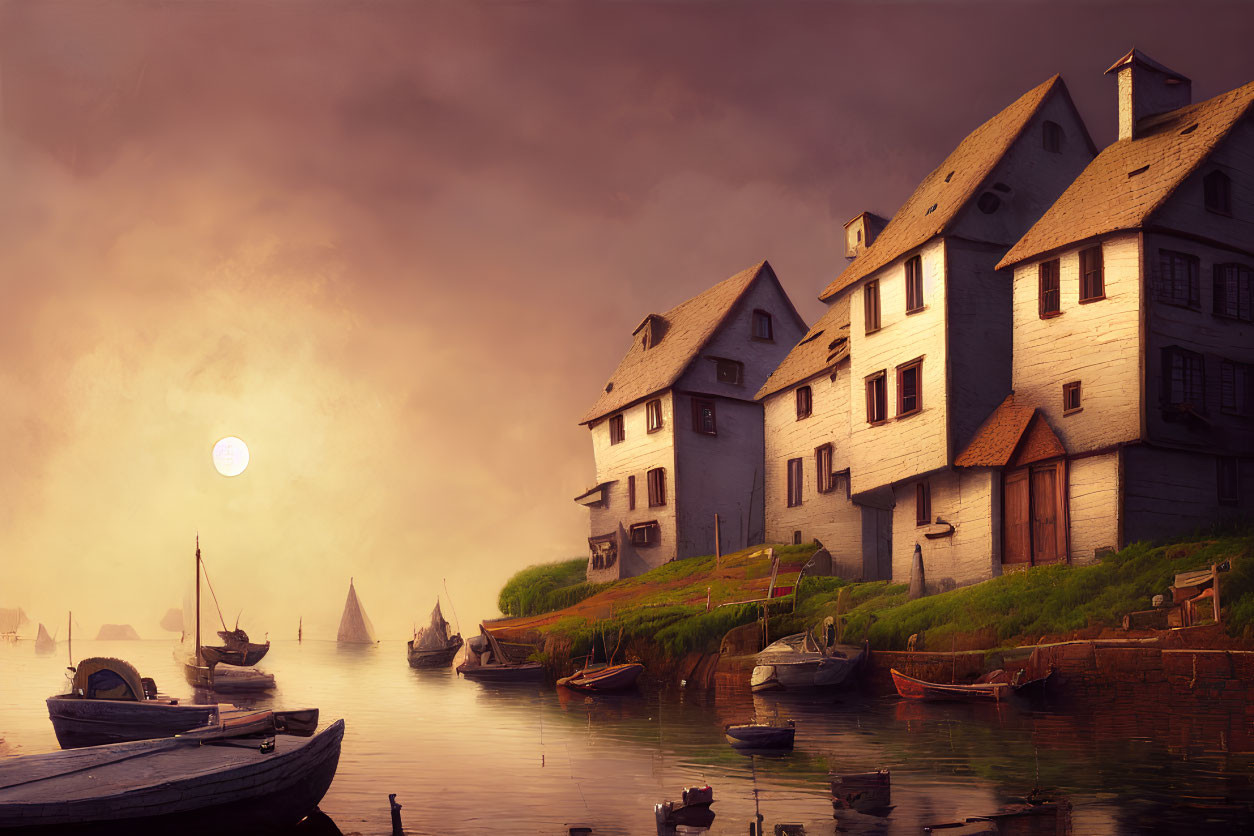 Historic European Houses by Misty Waterfront at Sunset