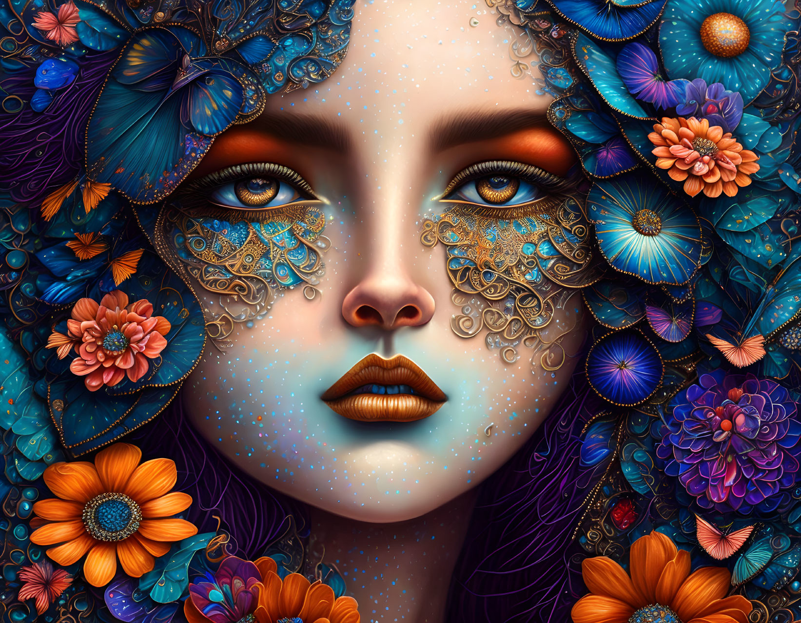 Close-up digital art portrait of woman with floral patterns and jewelry, merging with vibrant blue and orange flowers