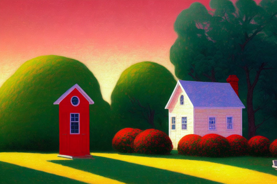 Whimsical landscape with red door, white house, green hills, and lush trees