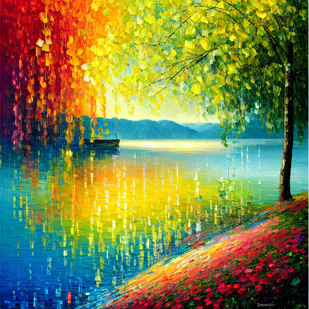 Colorful Impressionistic Lakeside Painting with Boat