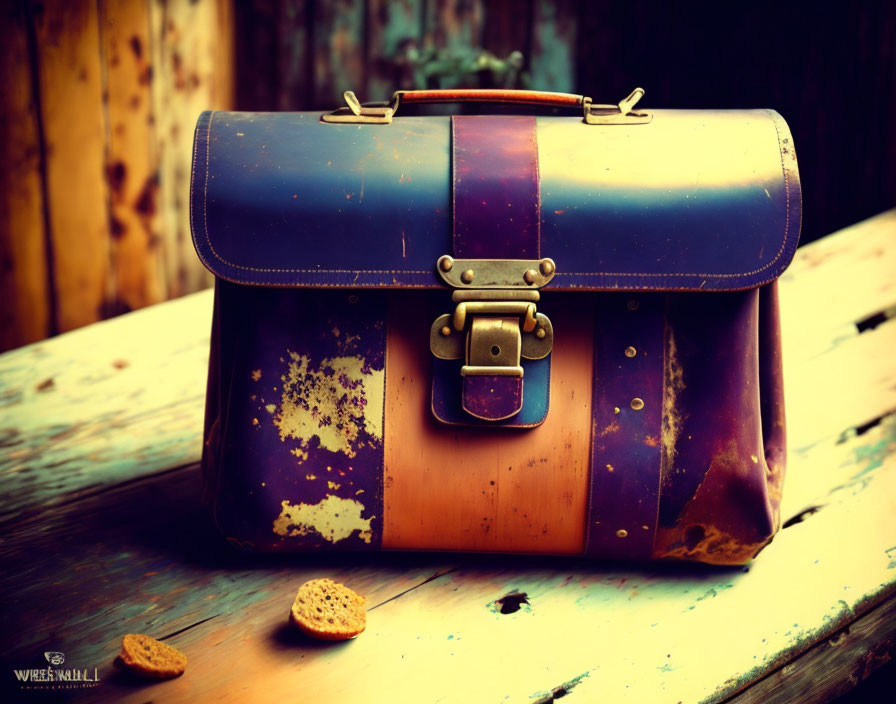 Vintage Weathered Leather Satchel with Clasp on Wooden Surface Next to Cookies