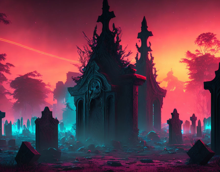 Neon-lit graveyard scene with crimson sky