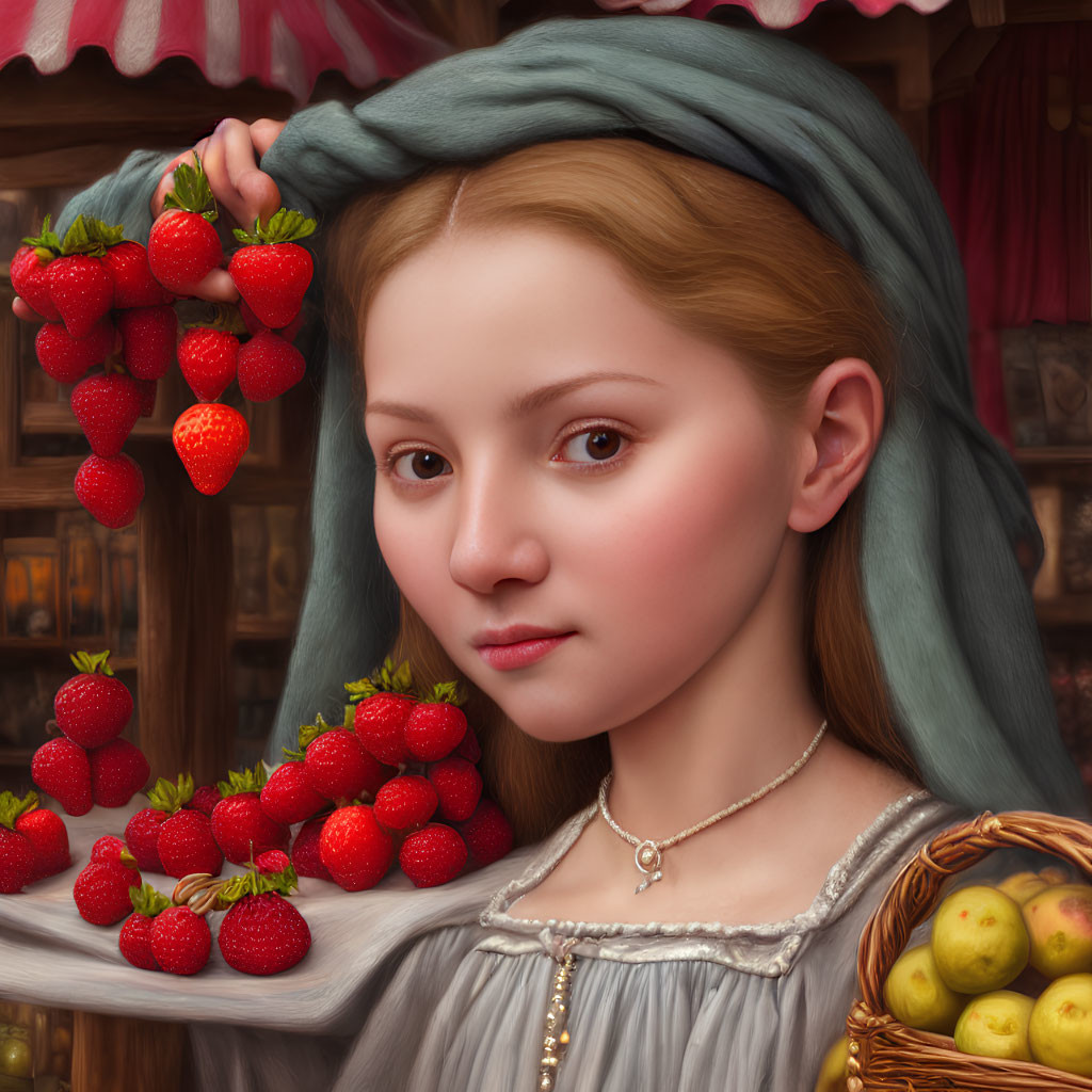 Young girl in blue headscarf holding strawberries and apples, classical painting style