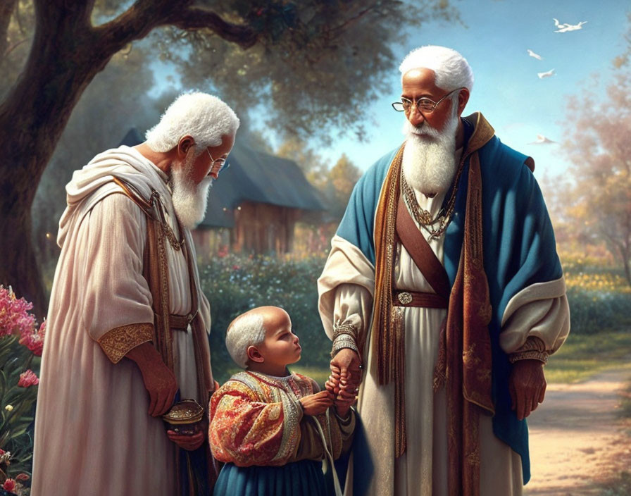 Elderly men with white beards and child in serene garden landscape