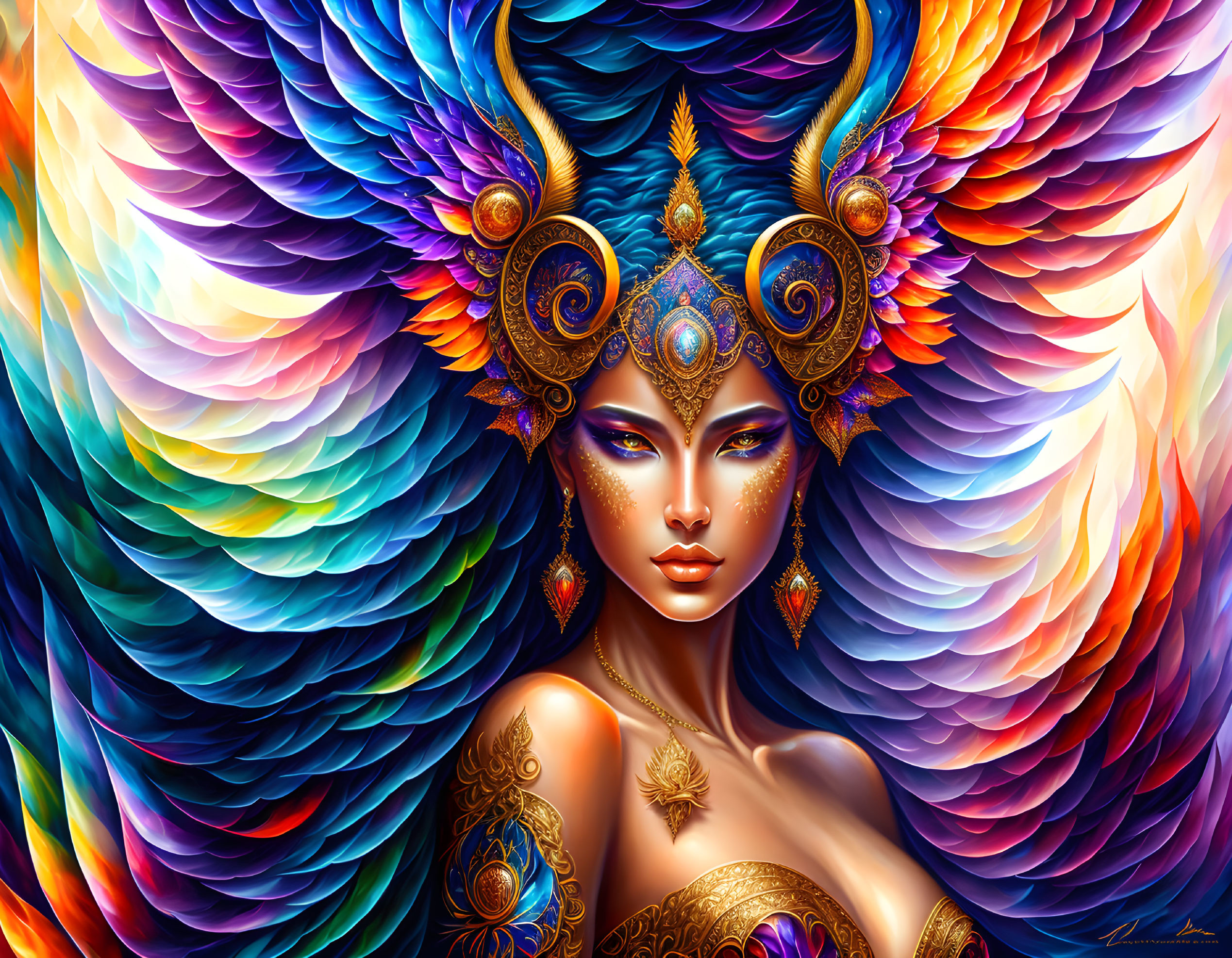 Colorful digital artwork: Woman with multicolored wing patterns and golden headdress.