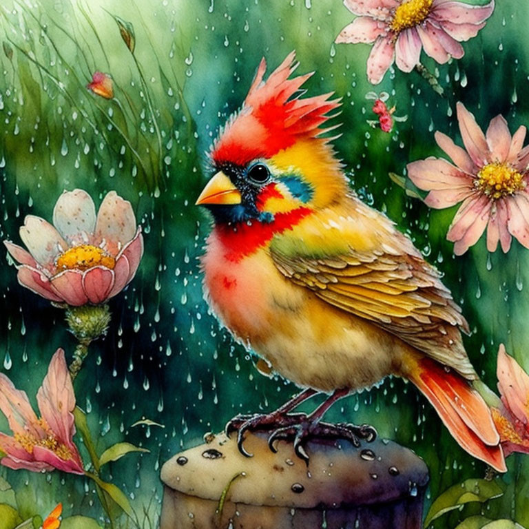 Colorful Cardinal Bird Painting with Raindrops and Flowers