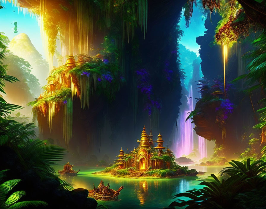 Majestic golden temple in lush rainforest with boat and waterfalls