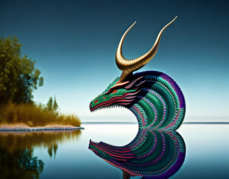 Colorful Digital Illustration: Whimsical Dragon Reflections