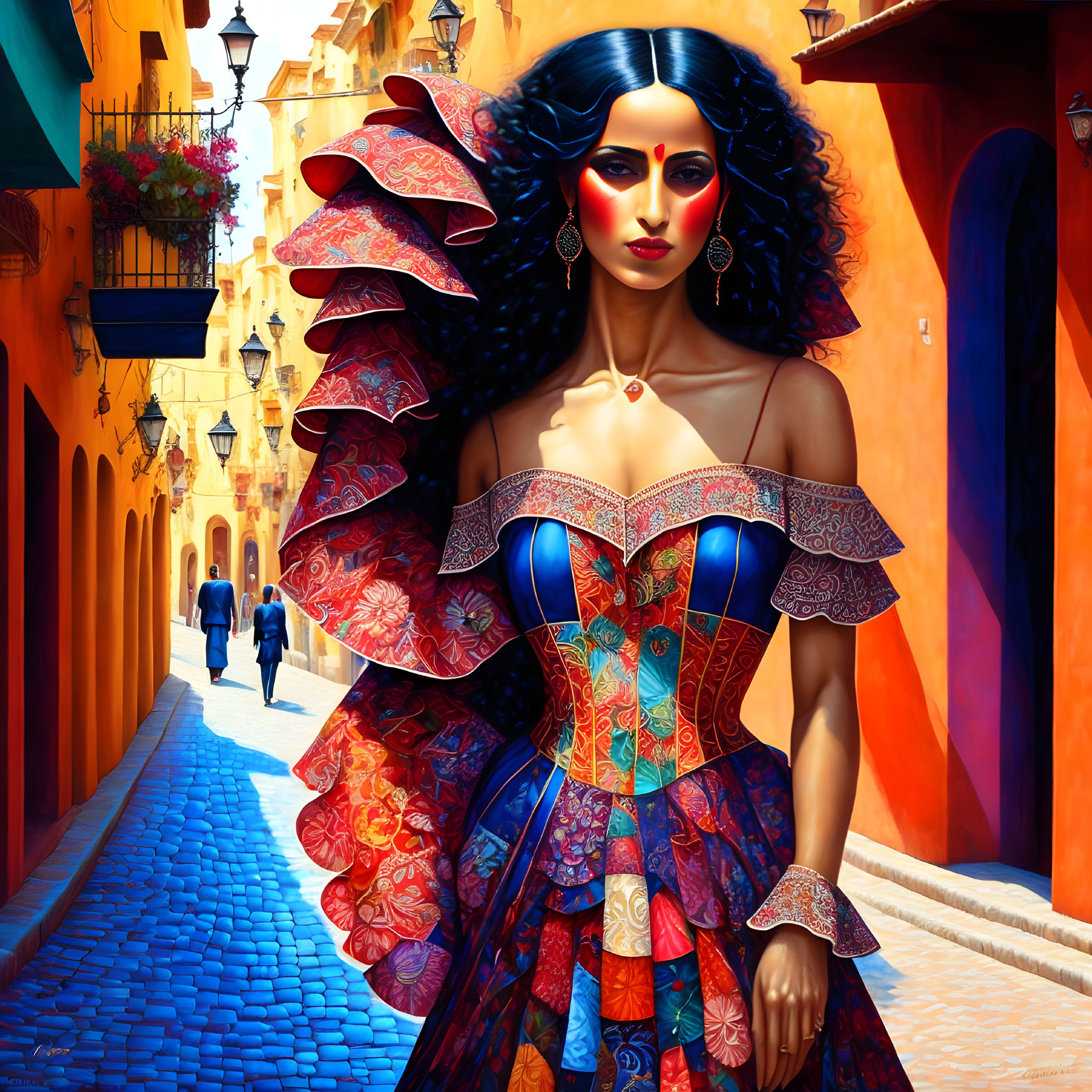 Colorful digital artwork of woman in vibrant dress in Mediterranean alleyway