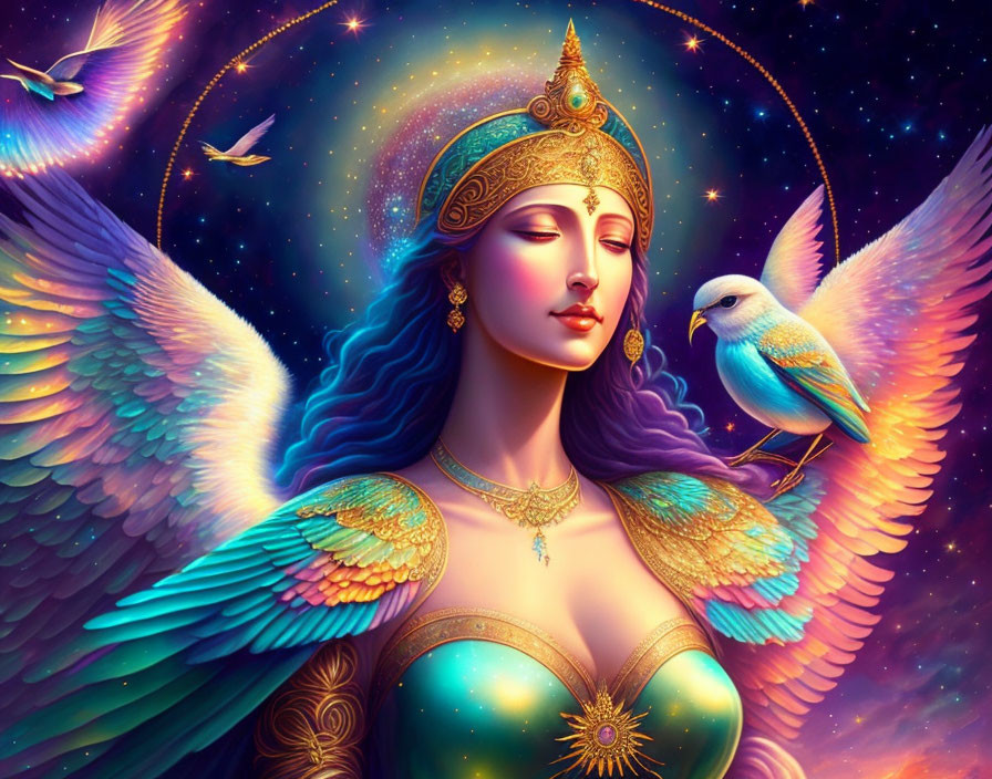 Ethereal artwork of a winged woman with a jeweled crown in a starry setting