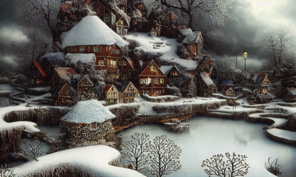 Snow-covered village with traditional houses by frozen river at twilight