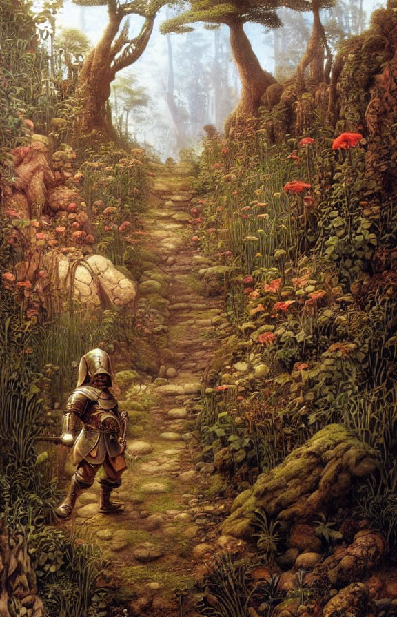 Knight in Full Armor Walking Through Enchanting Forest