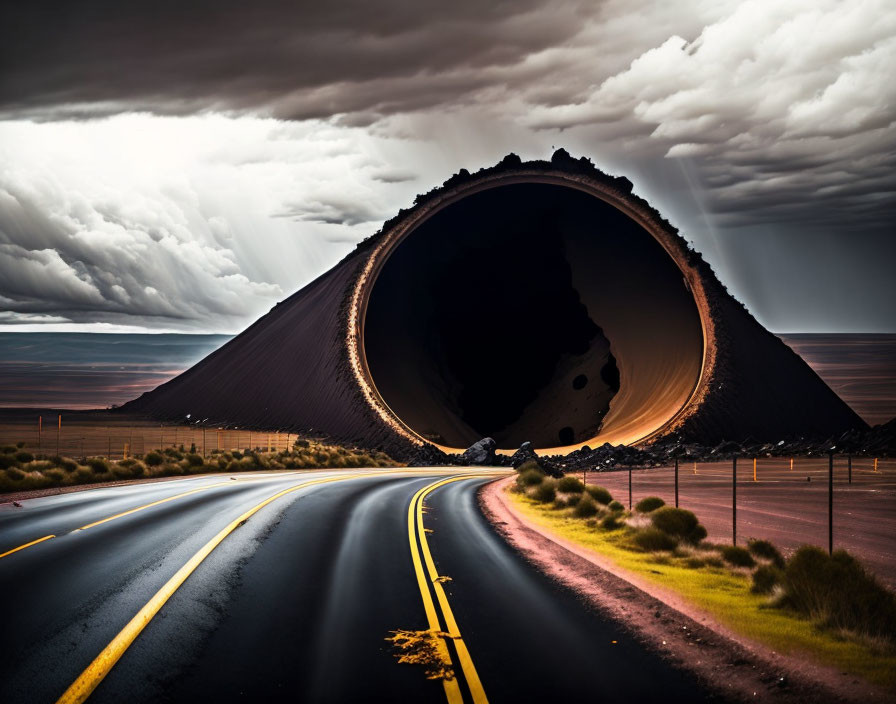 Surreal circular hole distorts landscape with open road